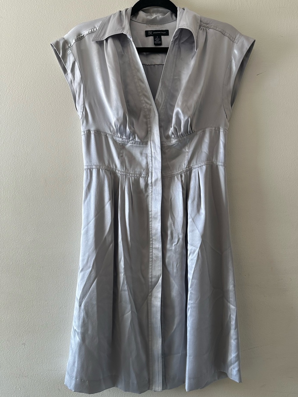 INC International Concepts 100% Silk Silver Cap-Sleeve Midi Shirt Dress